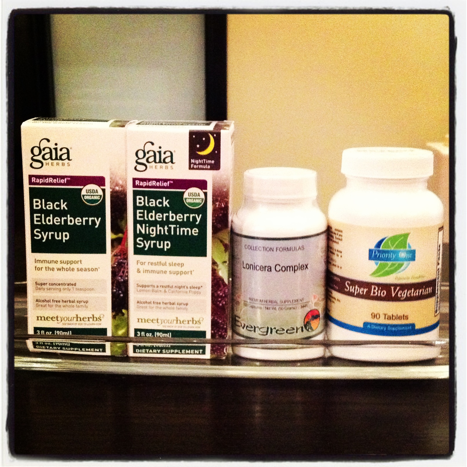 Liz's Picks for your home medicine cabinet are for sale on the online store: Super Bio Vegetarian Immune Support by Priority One, Lonicera Complex by Evergreen and Black Elderberry Syrup by Gaia. 